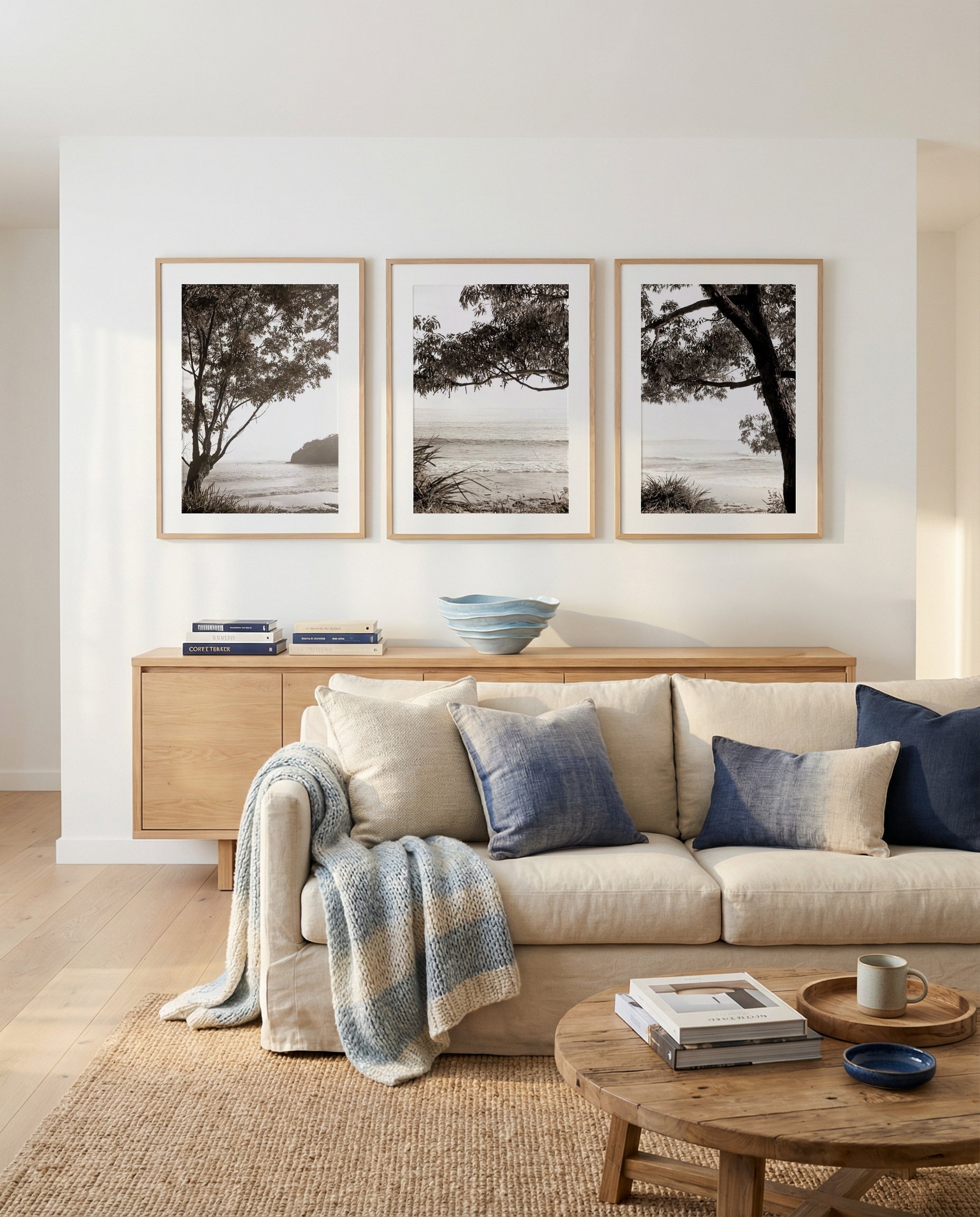 Australian Coast I, II & III | 3 Piece Wall Art Set in Black and White art print oak frame with white border