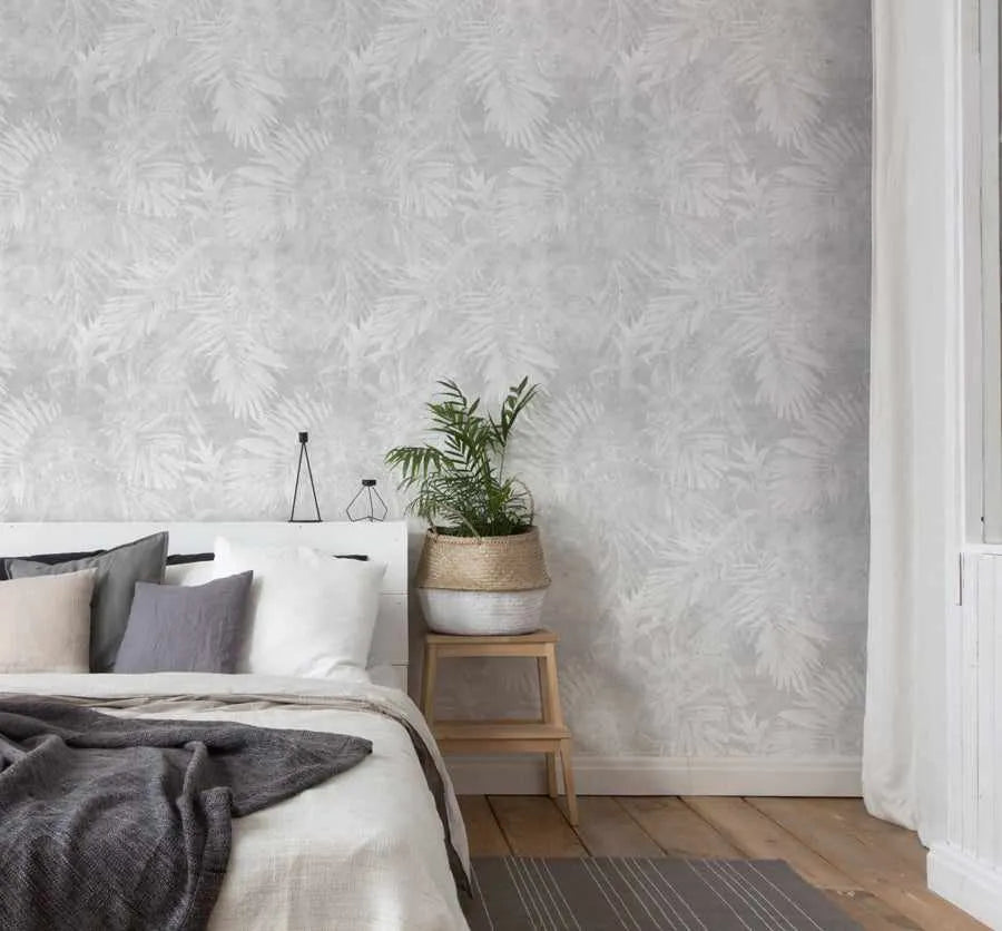 Avalon Palm Wallpaper in Grey from Olive et Oriel where you can shop wallpaper and artworks online