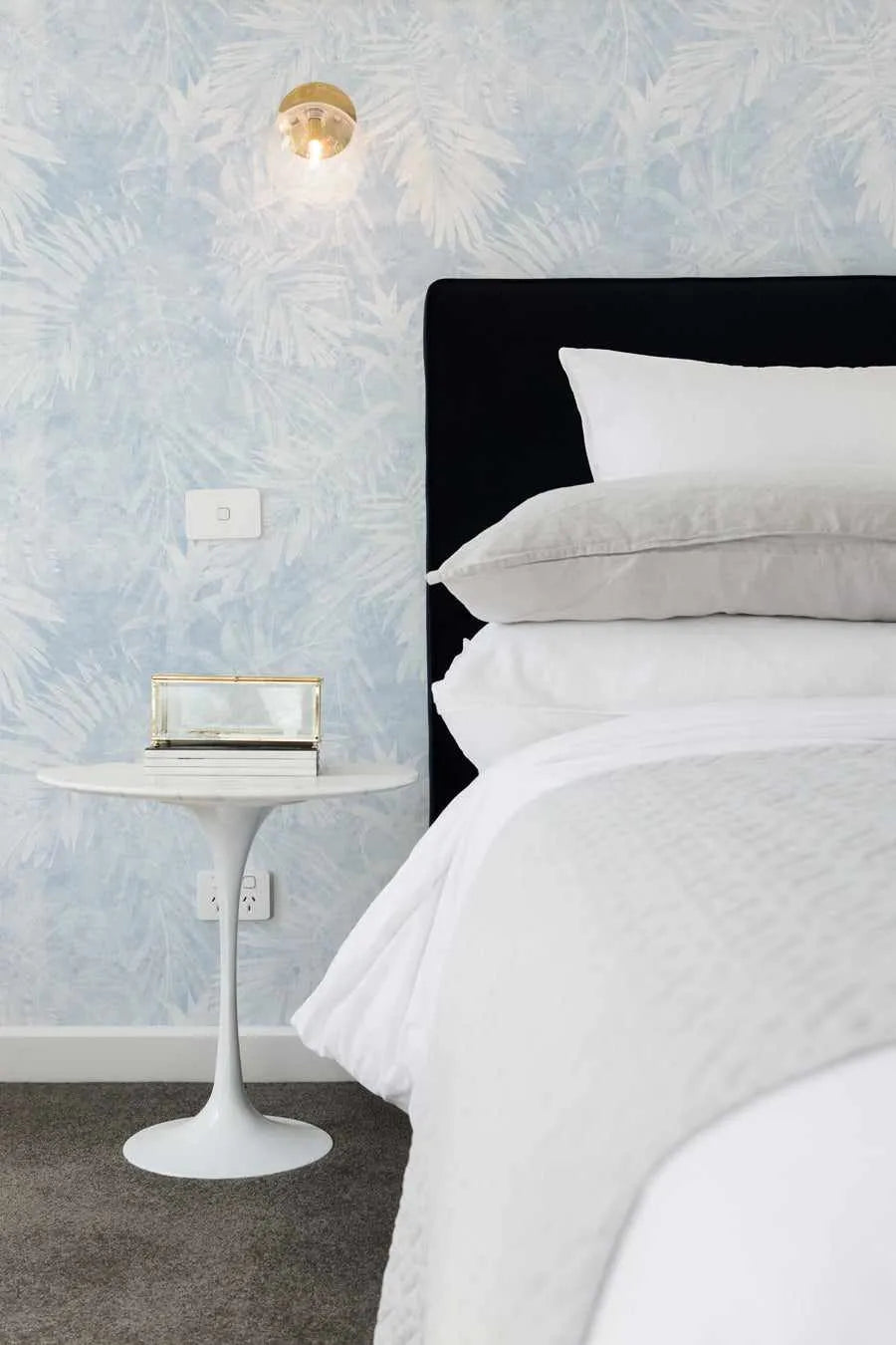 Avalon Palm Wallpaper in Ice Blue from Olive et Oriel where you can shop wallpaper and artworks online