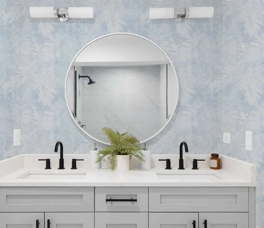 Avalon Palm Wallpaper in Ice Blue from Olive et Oriel where you can shop wallpaper and artworks online