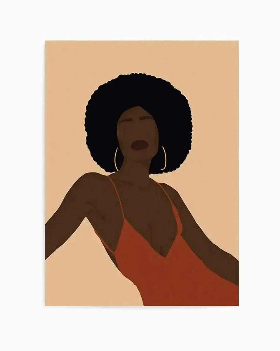 Art Print (illustration):
"Illustration art print featuring a dark-skinned woman with a large afro hairstyle and gold hoop earrings, wearing a rust-orange slip dress. Her face is depicted without features, and she is posed leaning to the left against a warm peach-toned background."