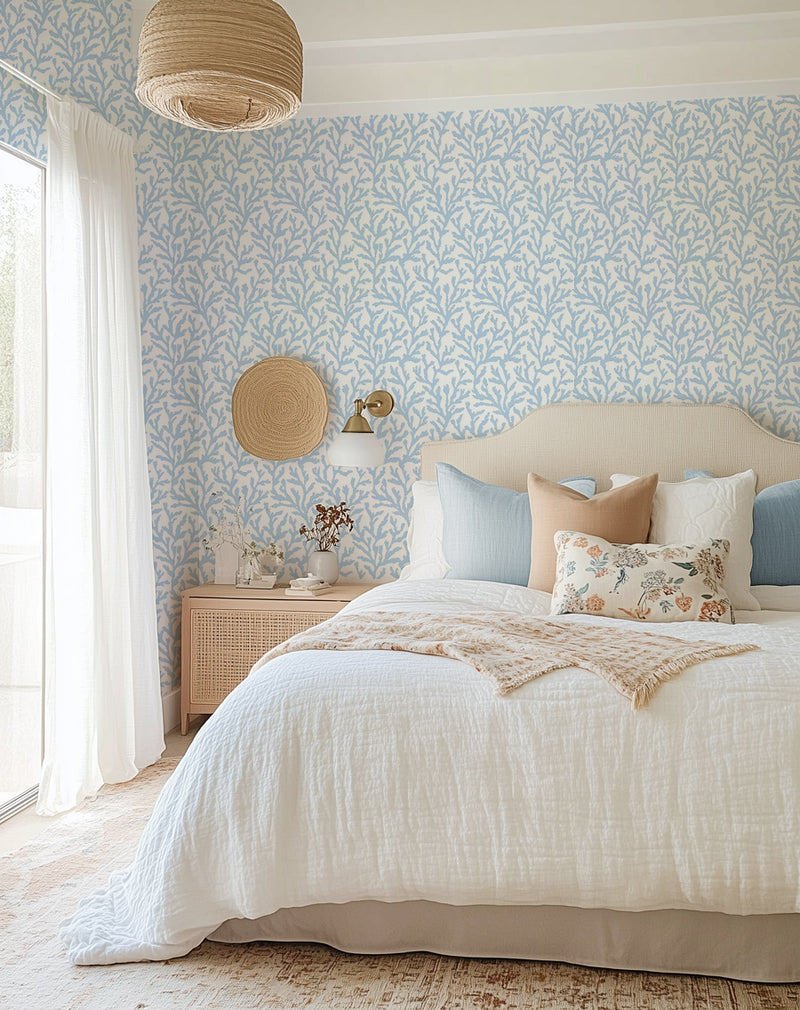 Blue bedroom wallpaper - at Olive et Oriel we offer the best blue wallpapers online with our complimentary customisations.  We offer a wide range of blue wallpaper designs that are available in light, dark, or navy shades, as well as in stunning teal or aqua hues wallpapers.