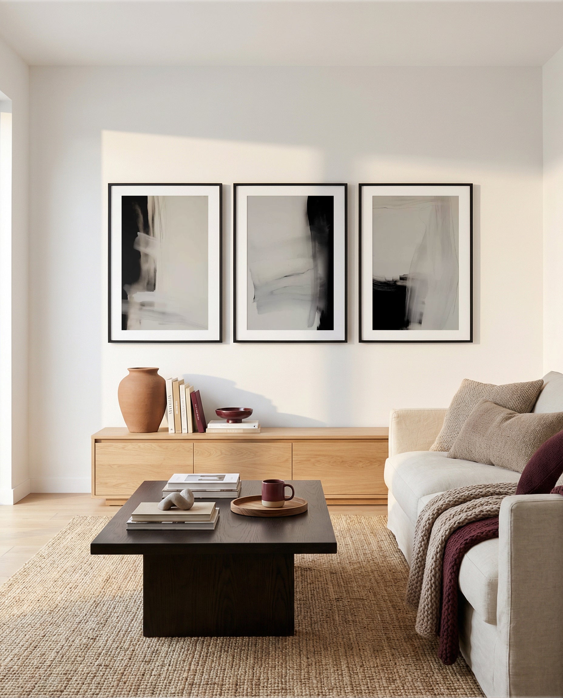 Balgara I, II & III | 3 Piece Wall Art Set in Black and Grey abstract art print oak frame with white border