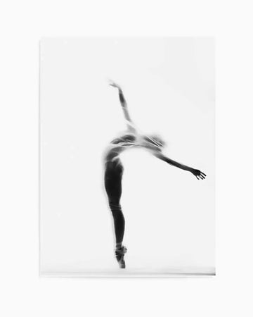 Black and white art print featuring a silhouette of a ballerina en pointe, captured in a graceful arabesque pose with her body arched backward and arms extended. The dancer's form is softly blurred and appears behind a translucent fabric, creating a dreamy, ethereal effect against a stark white background.