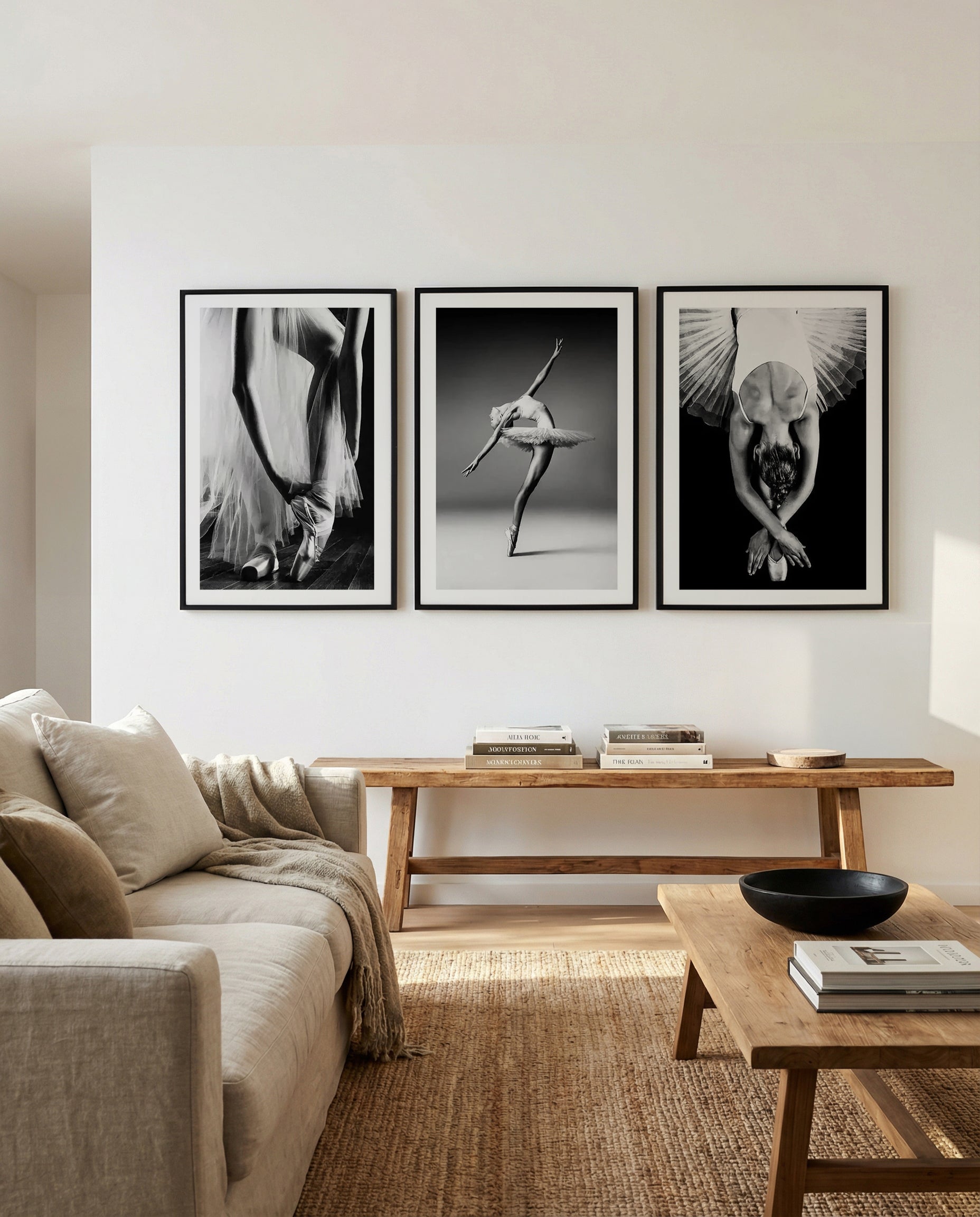 Ballerina I, II & III | 3 Piece Wall Art Set art print oak frame with white border