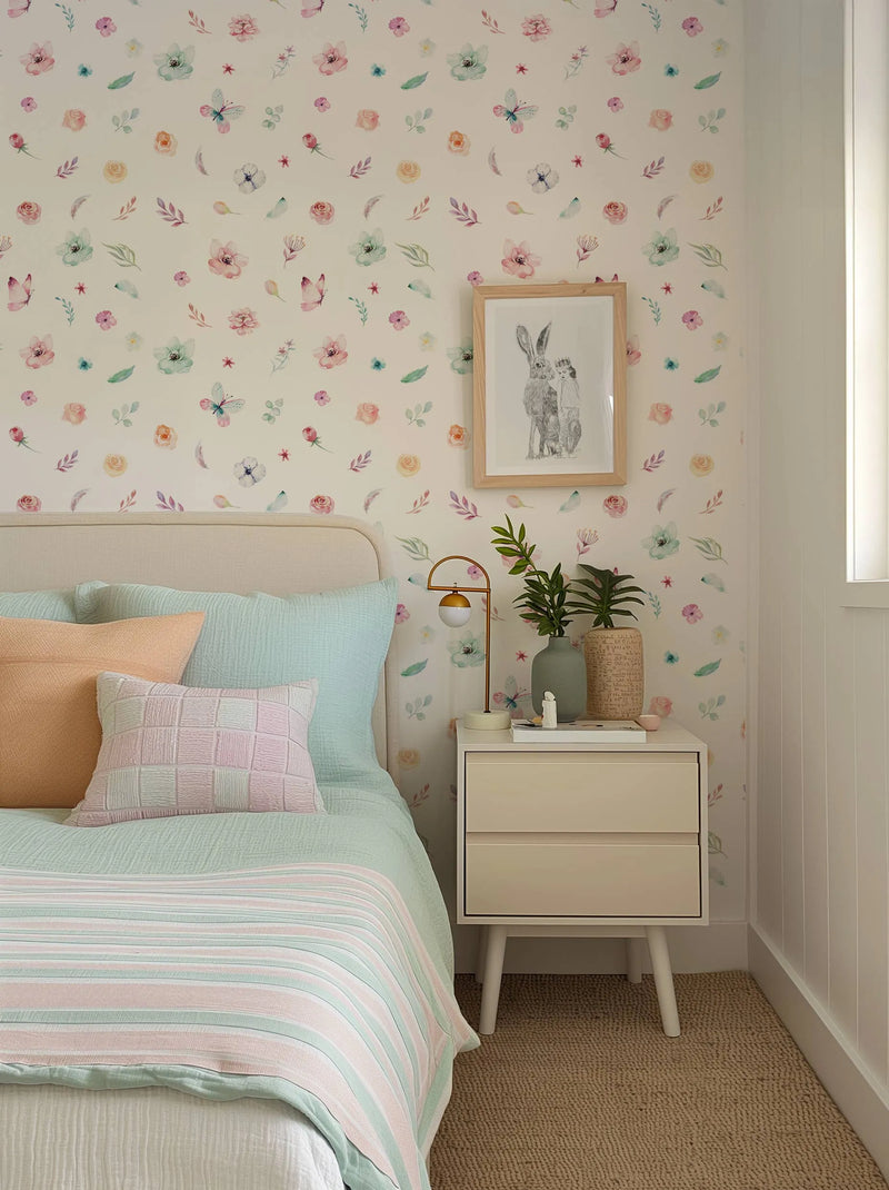 "Bambi's Garden wallpaper featuring a repeating pattern of hand-painted watercolour flowers, butterflies, and leaves in soft pastel shades of pink, mint green, pale yellow, and lavender on a light cream background. The wallpaper is displayed in a bedroom above a bed with a light beige headboard, mint green bedding, and a striped throw in pink and mint. A framed rabbit illustration hangs on the wall above a light beige bedside table with a gold lamp and potted plants."