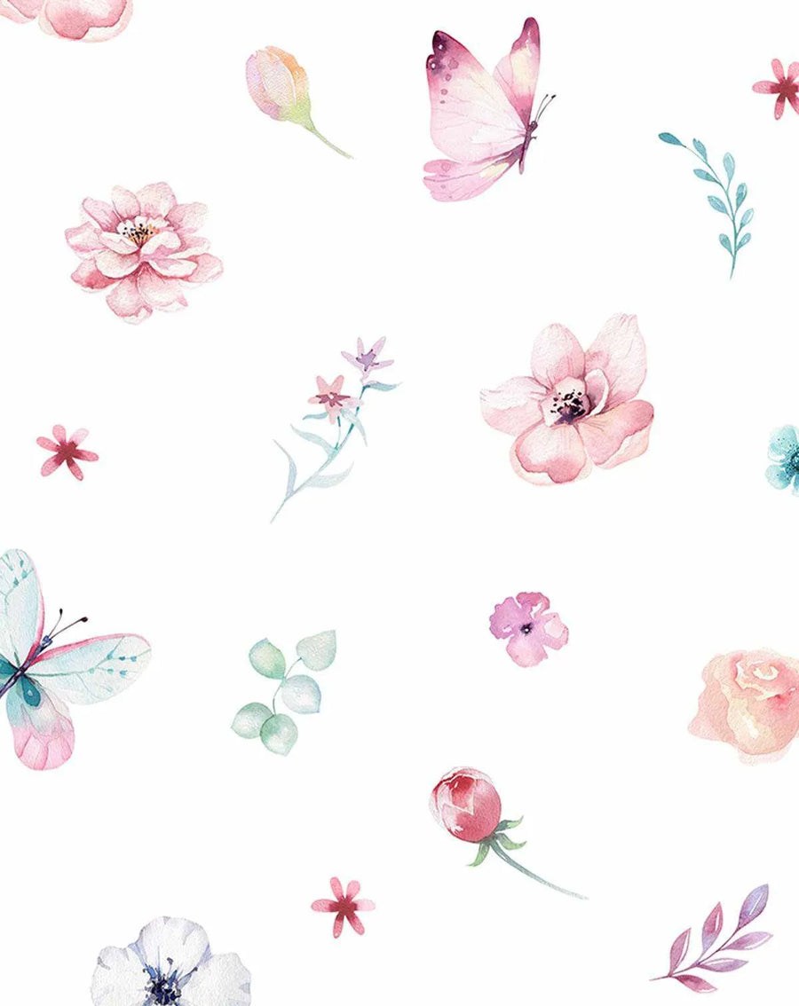 Peel and stick wallpaper featuring a repeating pattern of hand-painted watercolor elements including butterflies, various flowers, buds, and leaves in soft pinks, blues, purples, and greens on a clean white background. The design has a delicate, whimsical quality with visible brushstroke texture.