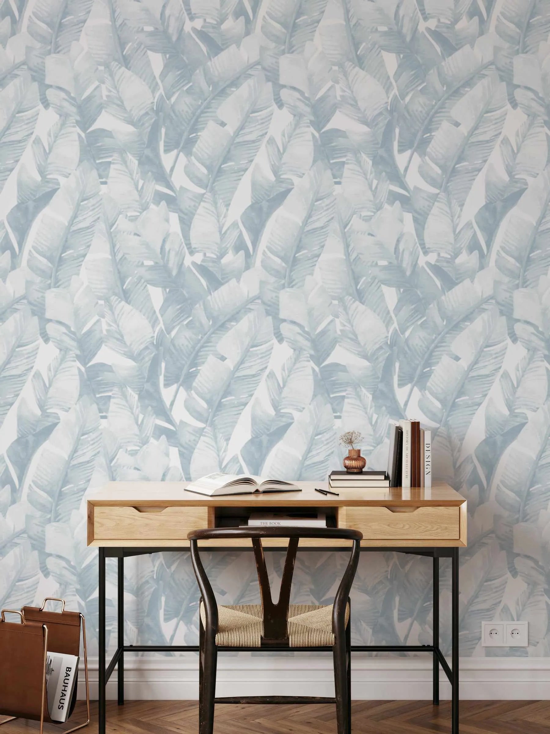 Banana Leaf Palms | Hamptons Blue Wallpaper from Olive et Oriel where you can shop wallpaper and artworks online