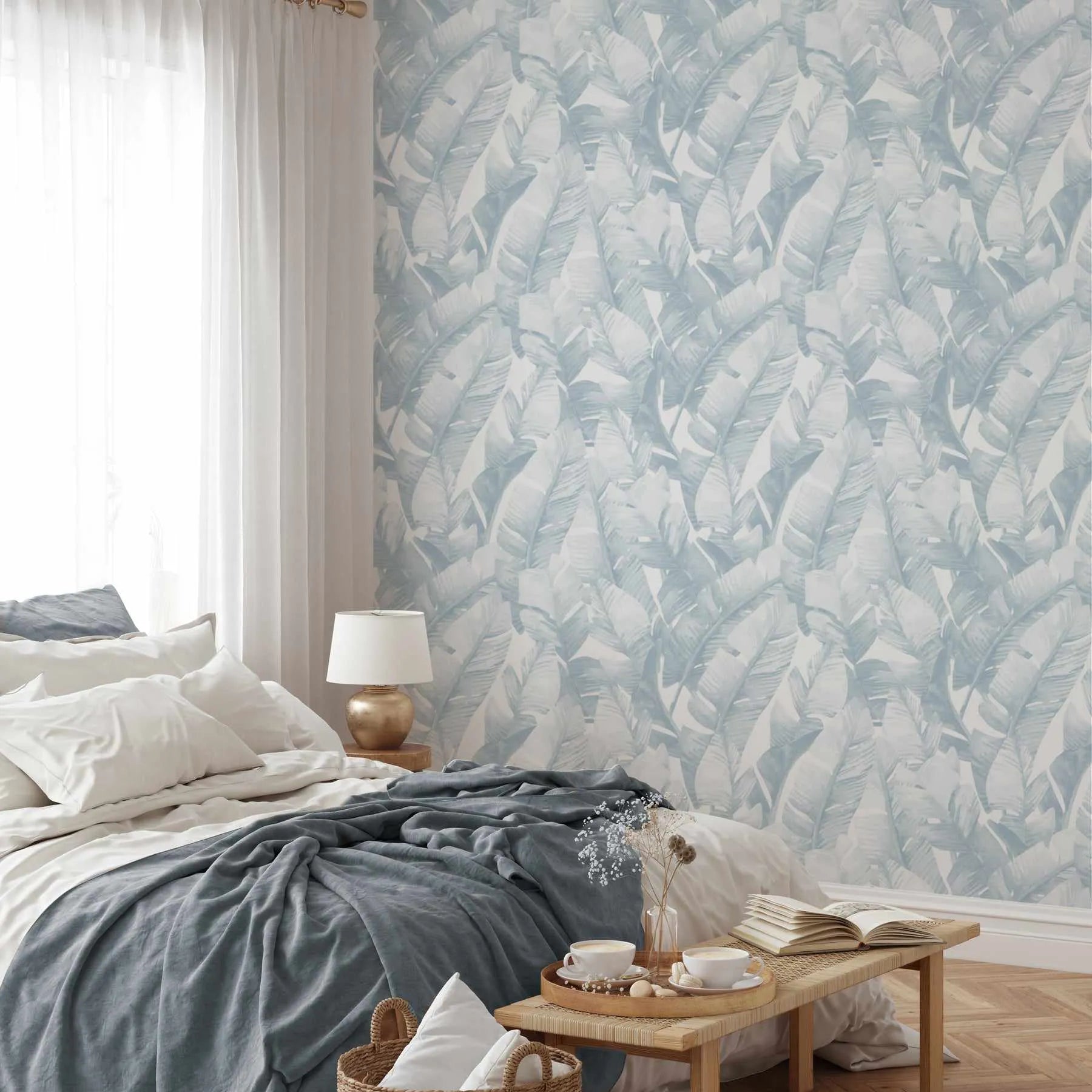 Banana Leaf Palms | Hamptons Blue Wallpaper from Olive et Oriel where you can shop wallpaper and artworks online