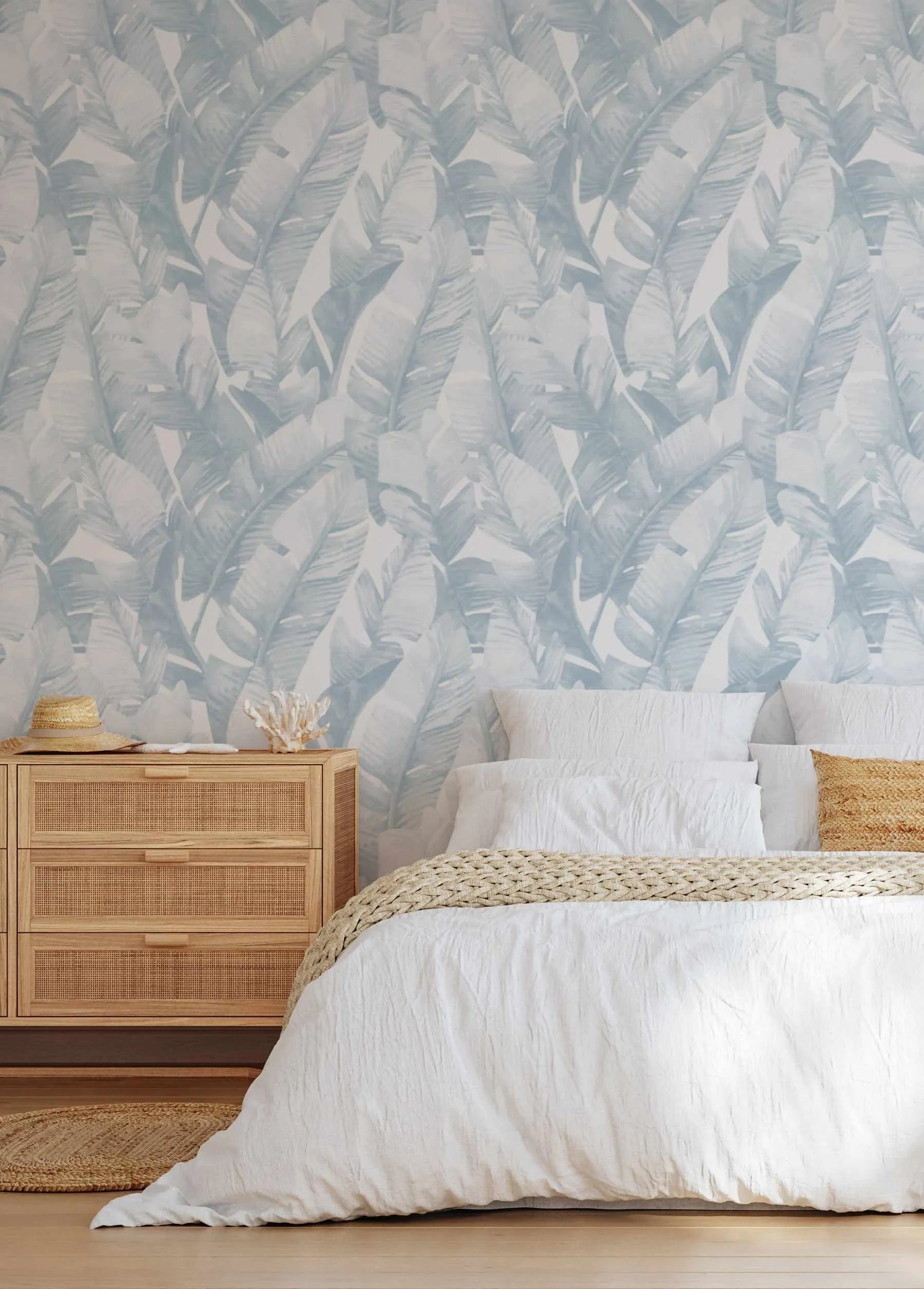 Banana Leaf Palms | Hamptons Blue Wallpaper from Olive et Oriel where you can shop wallpaper and artworks online