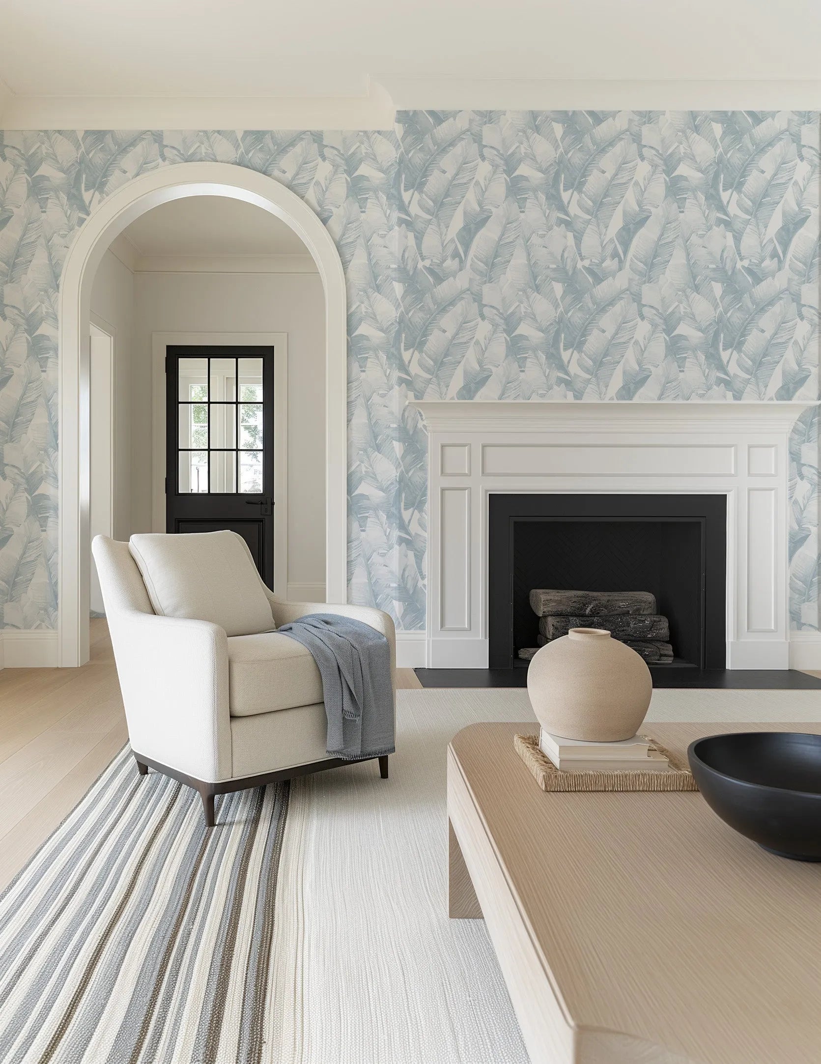 Banana Leaf Palms | Hamptons Blue Wallpaper from Olive et Oriel where you can shop wallpaper and artworks online