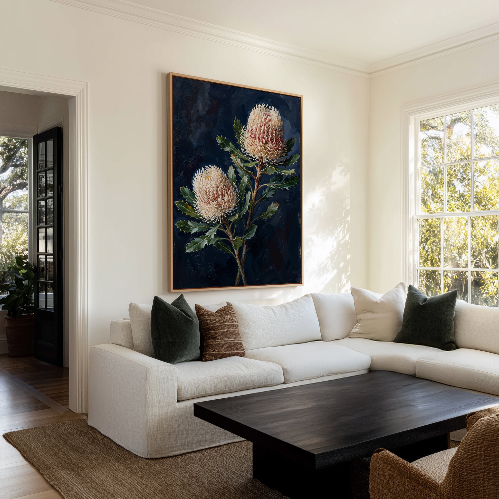 Banksia On Navy Botanicals Study | Framed Canvas Art Print