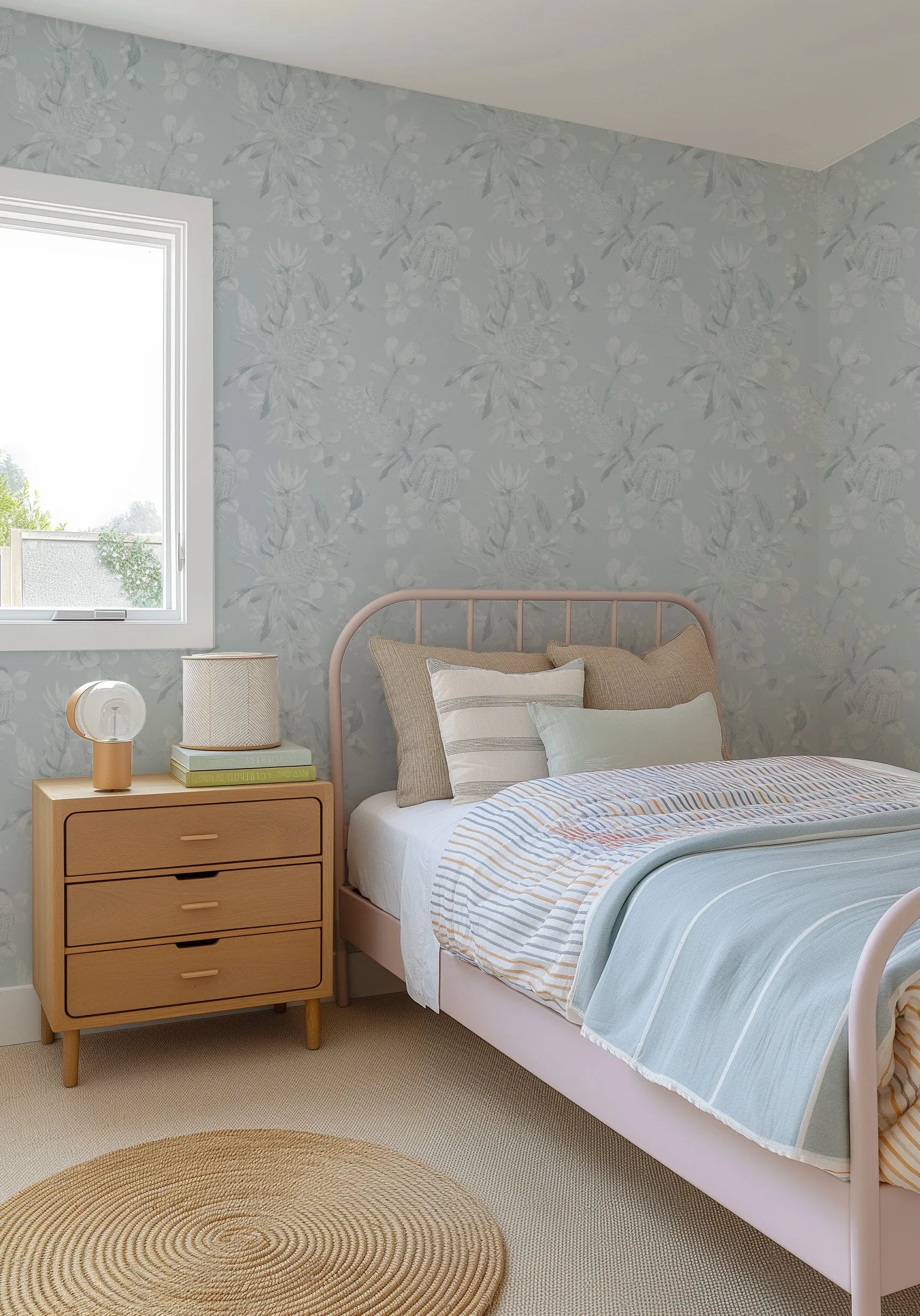 "A child's bedroom featuring Banksia in Duck Egg Blue wallpaper with a repeating pattern of hand-painted Australian native Banksia flowers and foliage in muted grey-blue and white on a soft duck egg blue background. The wallpaper is visible on the wall behind a pink metal-framed bed with striped bedding and a light wood bedside table with a lamp and books."