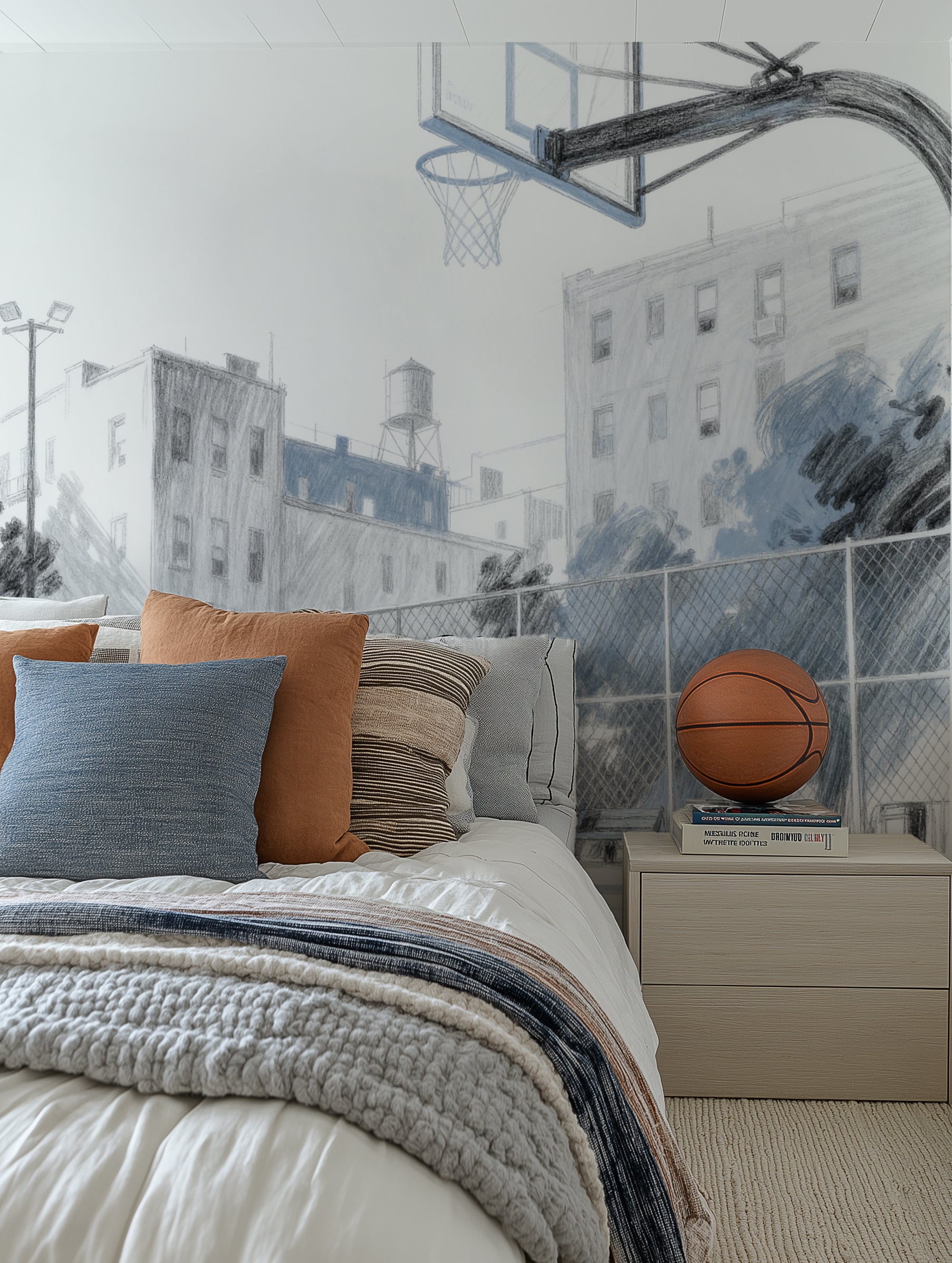 Hoop Hustle Basketball Mural in Blue Wallpaper from Olive et Oriel where you can shop wallpaper and artworks online
