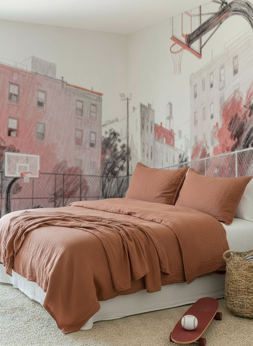 Hoop Hustle Basketball Mural in Red Wallpaper from Olive et Oriel where you can shop wallpaper and artworks online