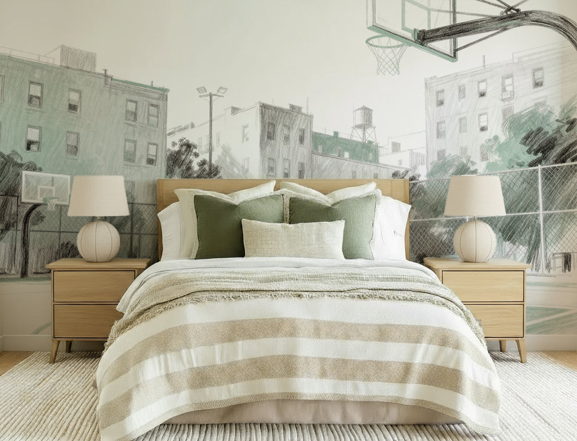 Hoop Hustle Basketball Mural in Sage Green Wallpaper from Olive et Oriel where you can shop wallpaper and artworks online