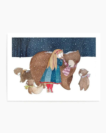 Watercolour art print depicting a whimsical winter scene with a young girl and bears. A girl with long blonde hair, wearing a blue dress and red boots, embraces a large brown bear wearing a pink and white striped scarf. Three smaller brown bears, each with a colourful scarf (green, yellow, and blue), are around them in the snow. The background shows dark trees and falling snow against a deep blue sky. The illustration has a soft, storybook quality with visible brushstroke texture.