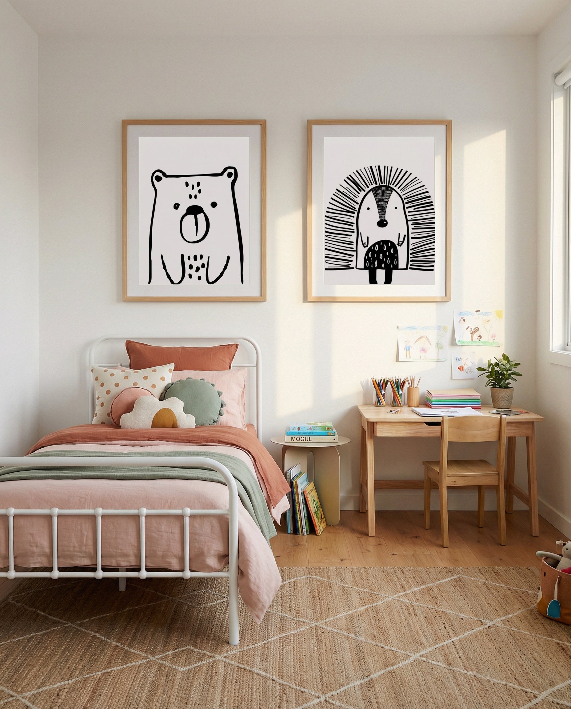 Bear & Hedgehog B&W Art Print Set of 2 | Matching Wall Art