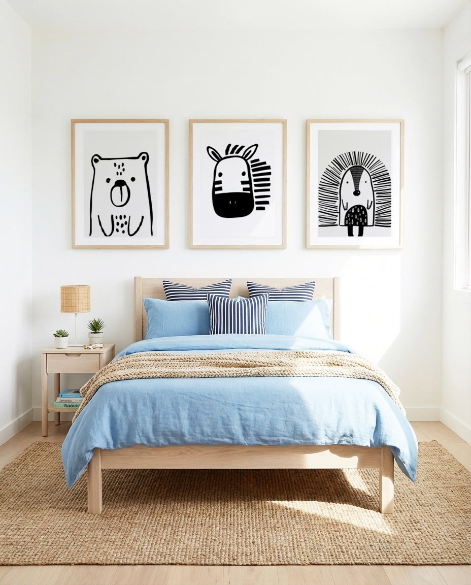 Bear, Hedgehog & Zebra B&W | 3 Piece Wall Art Set