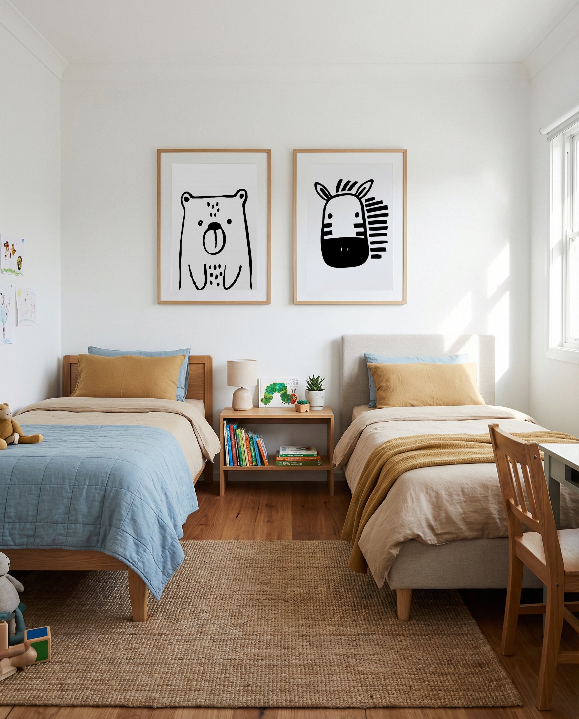Bear & Zebra B&W Art Print Set of 2 | Matching Wall Art