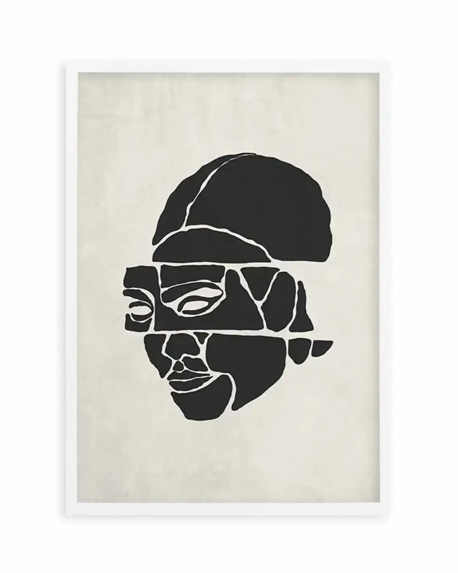 Abstract art print featuring a fragmented face in solid black with white outlines, against a light beige background, displayed in a white frame with a white border. The face is composed of irregular, geometric shapes, with visible eyes, nose, and mouth, creating a deconstructed yet recognizable portrait.