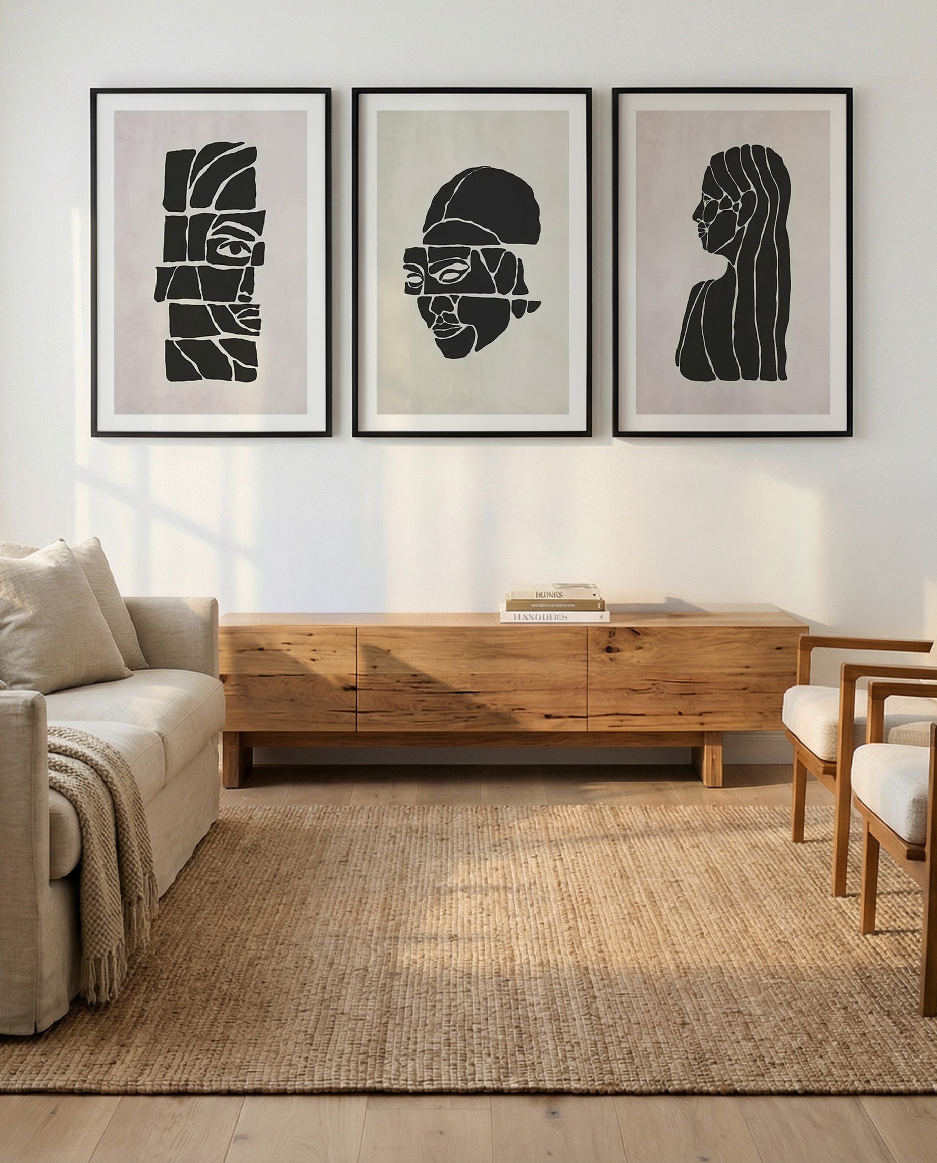 Beaute en Morceaux I, II & III | 3 Piece Wall Art Set in Beige and Black abstract art print oak frame with white border