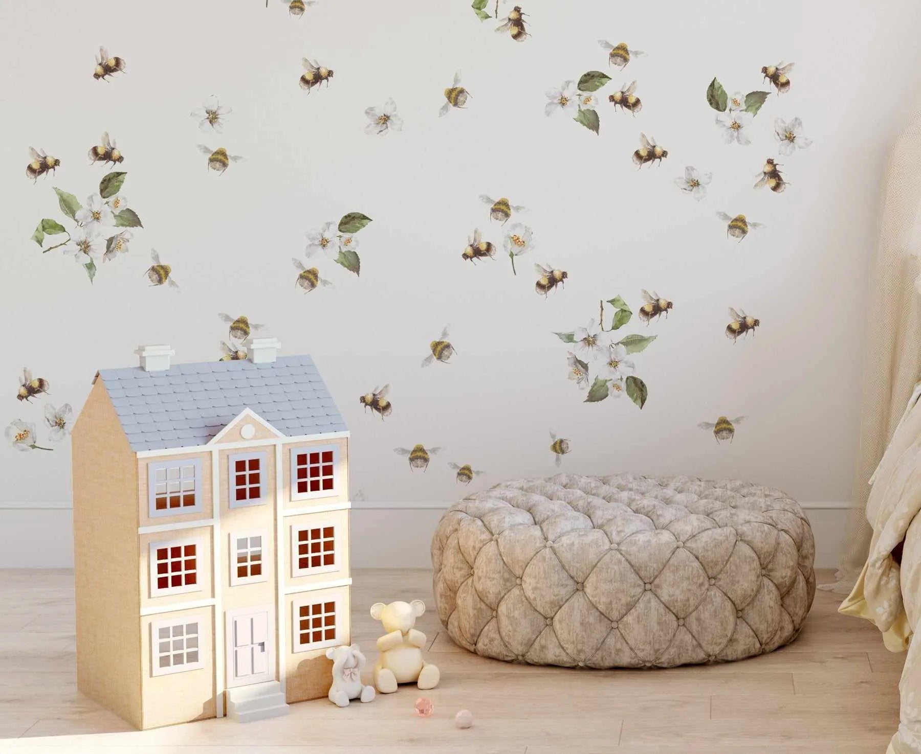 Bees & Flowers Decal Set-Decals-Olive et Oriel-Decorate your kids bedroom wall decor with removable wall decals, these fabric kids decals are a great way to add colour and update your children's bedroom. Available as girls wall decals or boys wall decals, there are also nursery decals.