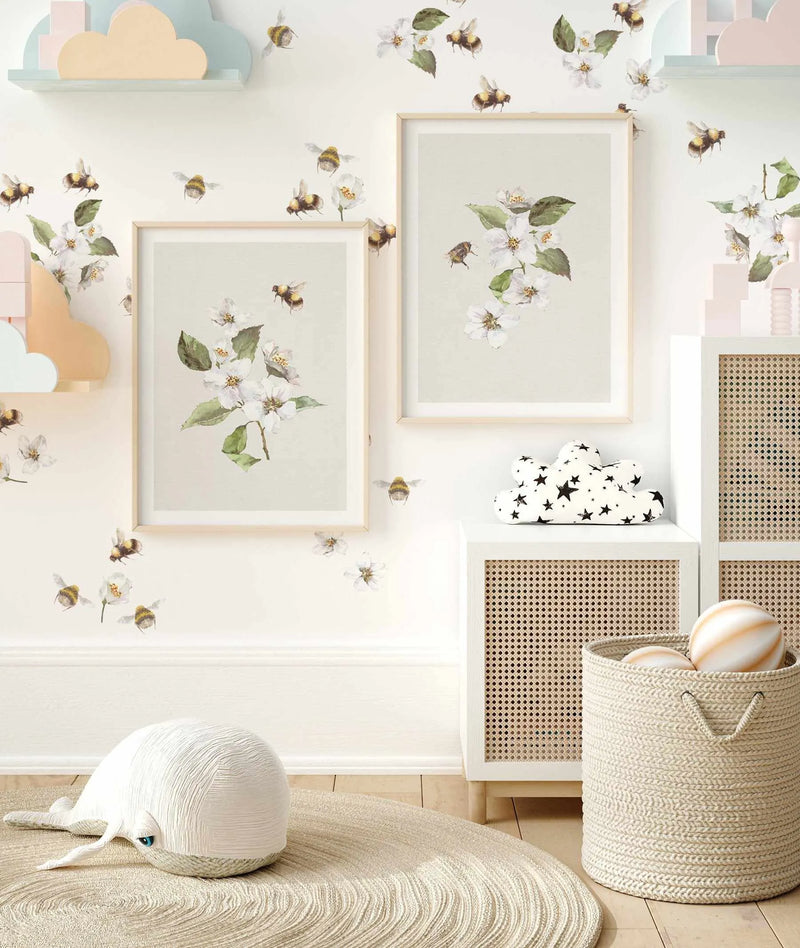 Bees & Flowers Decal Set-Decals-Olive et Oriel-Decorate your kids bedroom wall decor with removable wall decals, these fabric kids decals are a great way to add colour and update your children's bedroom. Available as girls wall decals or boys wall decals, there are also nursery decals.
