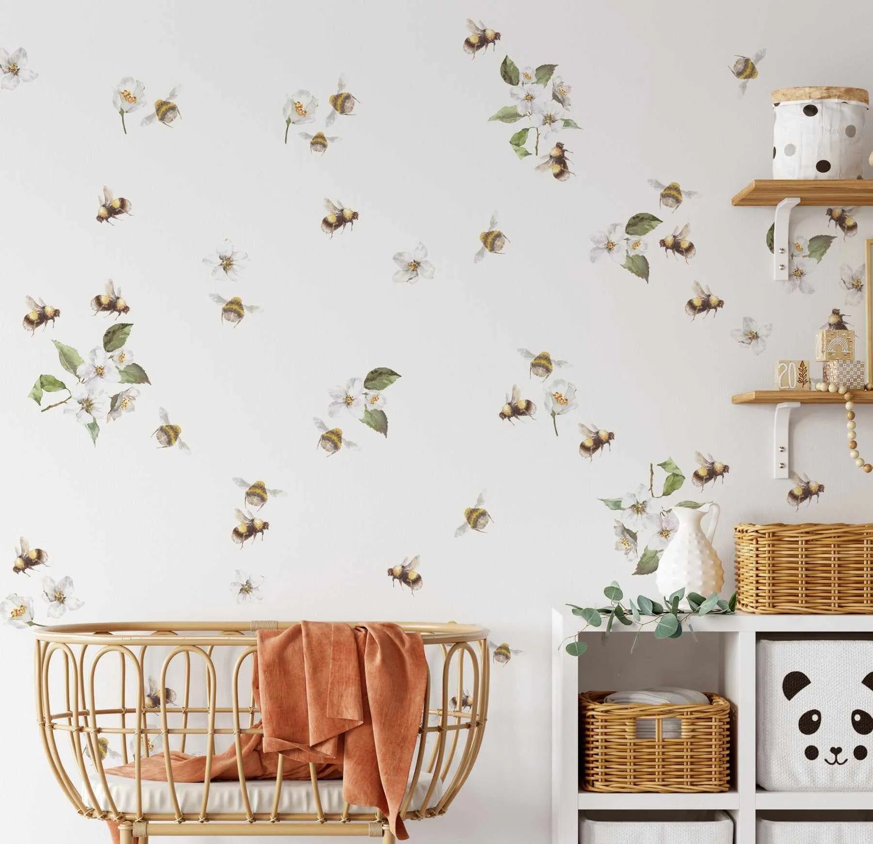 Bees & Flowers Decal Set-Decals-Olive et Oriel-Decorate your kids bedroom wall decor with removable wall decals, these fabric kids decals are a great way to add colour and update your children's bedroom. Available as girls wall decals or boys wall decals, there are also nursery decals.