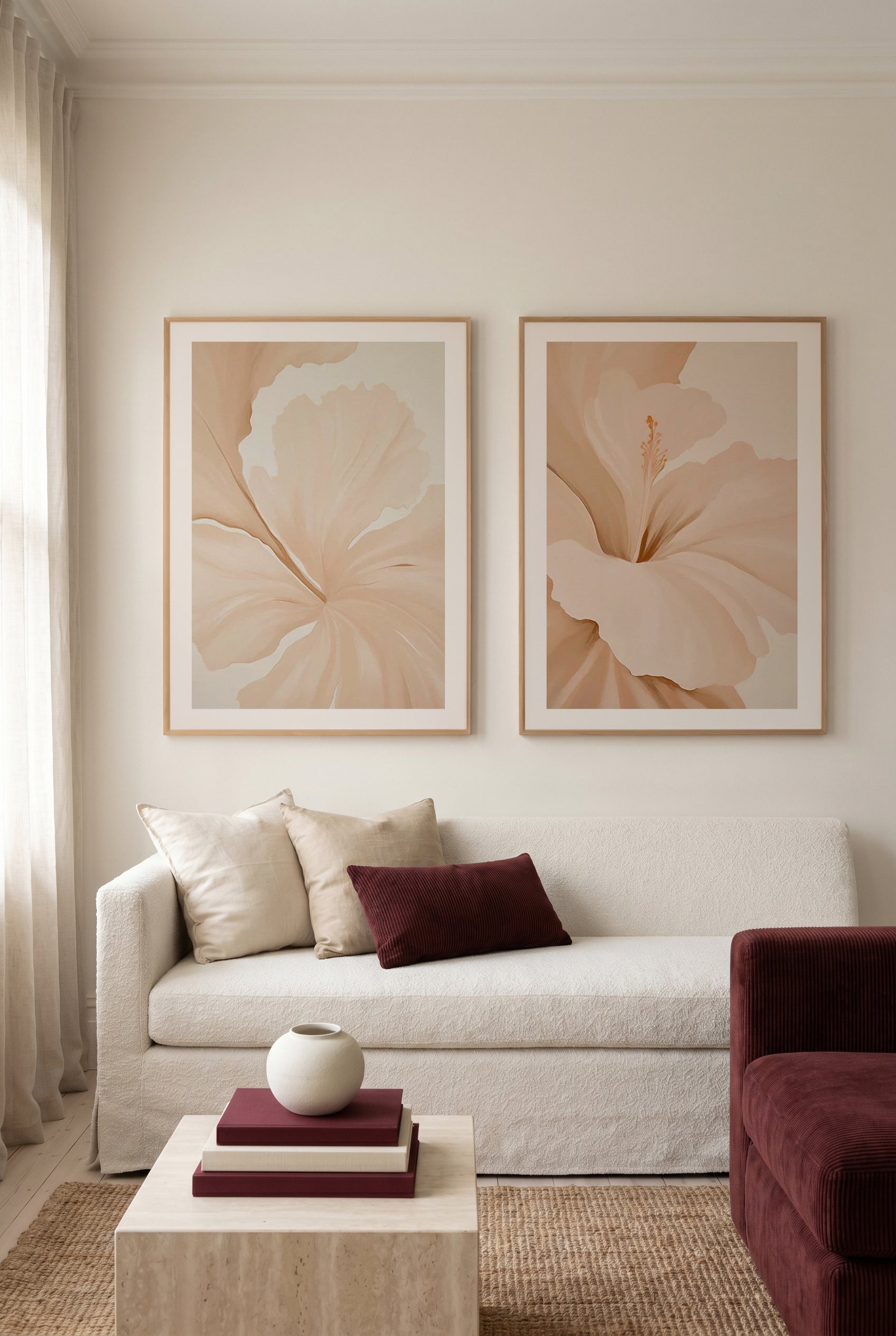 Beige Hibiscus No I & II Print Set of 2 | Matching Wall Art