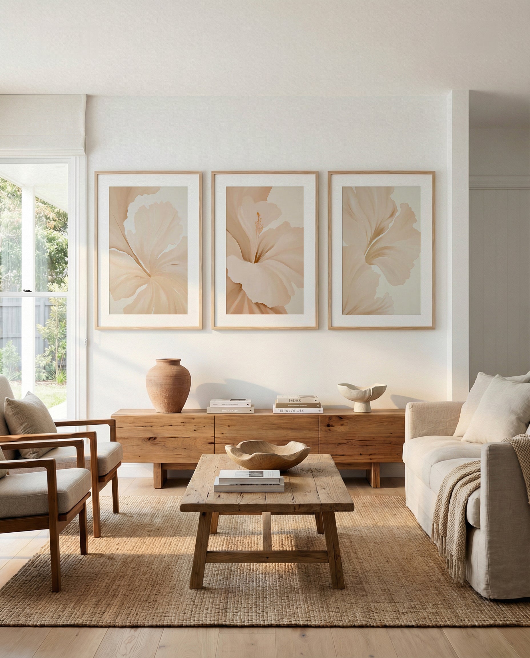 Beige Hibiscus No I, II & III | 3 Piece Wall Art Set from Olive et Oriel where you can shop wallpaper and artworks online