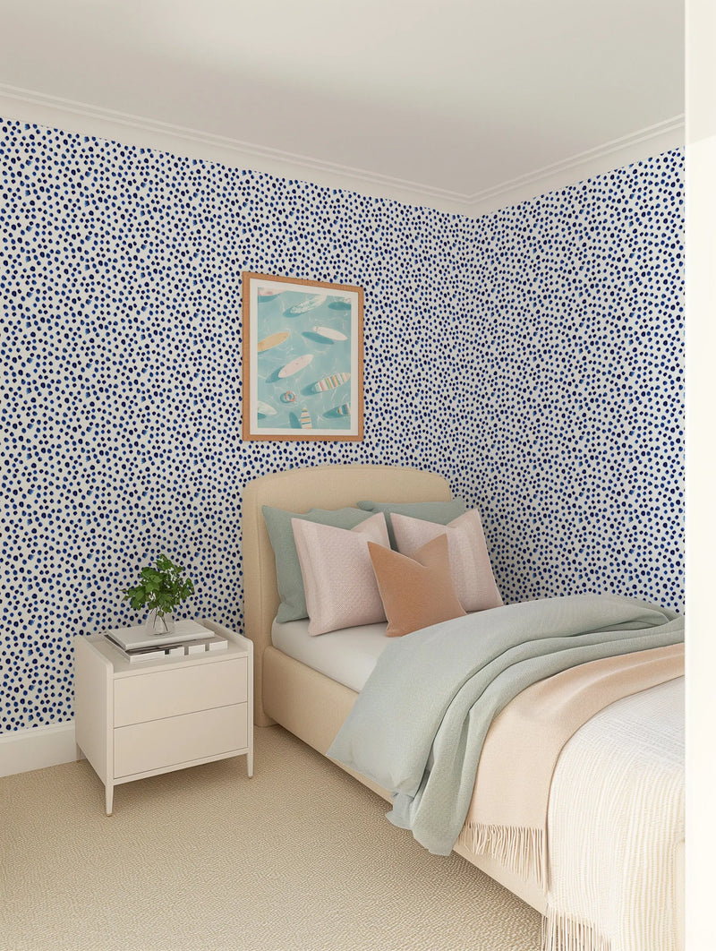 Little Blue Dots kids wallpaper scattered navy hand-painted dots on white background