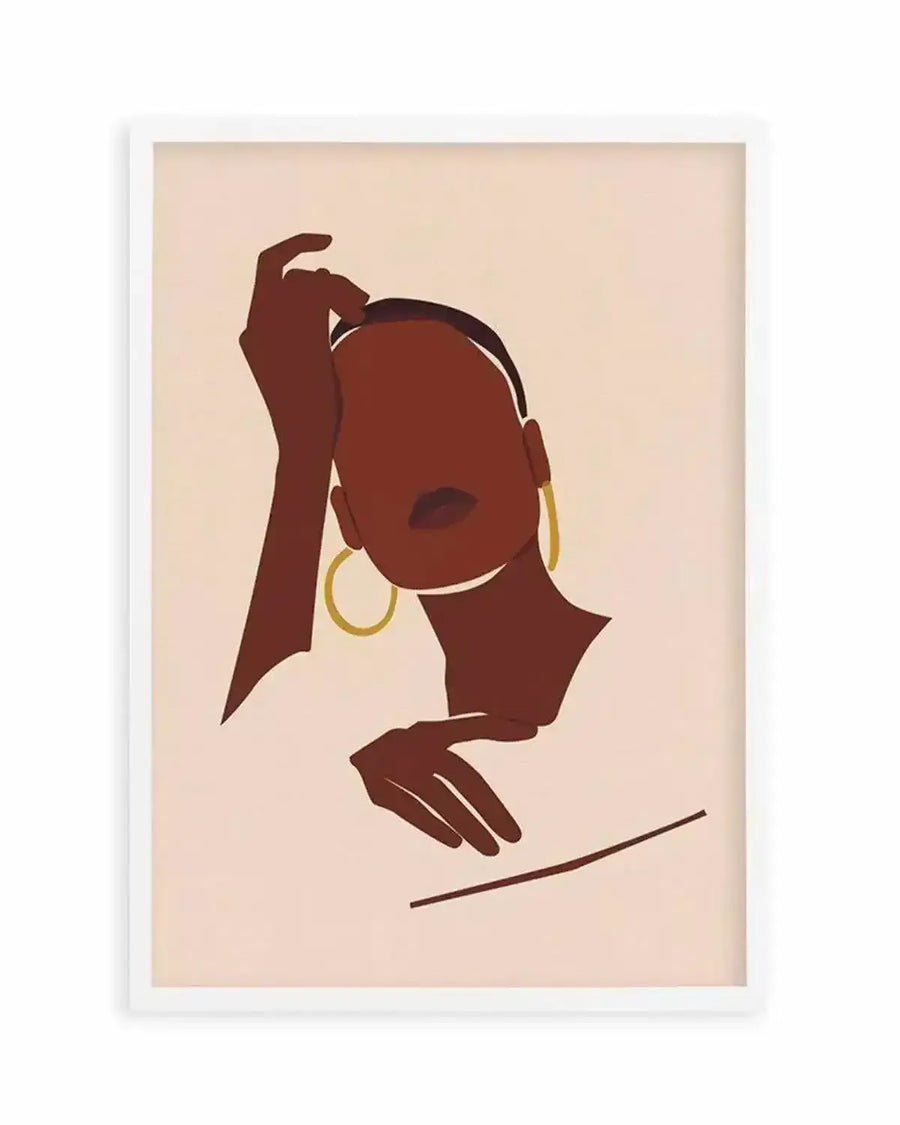 Art print featuring a minimalist illustration of a woman with dark brown skin and short dark hair, wearing large gold hoop earrings and a white top. Her right hand is raised to her head, and her left hand rests near her chest. The background is a pale beige, and the artwork is displayed in a white frame with a white border.
