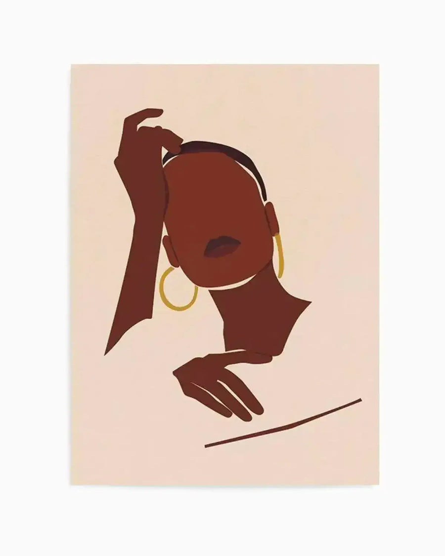 Art print featuring a minimalist illustration of a woman with dark brown skin, short dark hair, and dark red lips, wearing large gold hoop earrings and a white top. Her right hand is raised to her head, and her left hand rests gently below her chin. The background is a soft, pale peach colour.