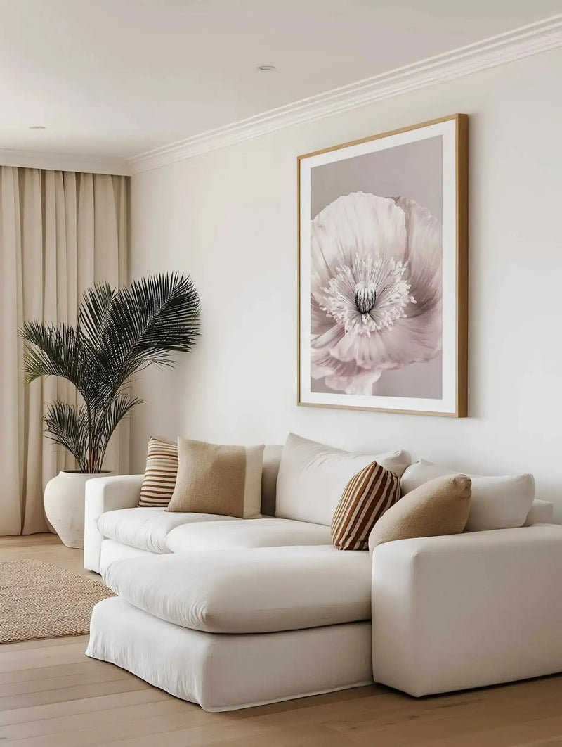 Large framed art print displayed above a curved white sofa in a minimalist living room. The print features a large-scale white poppy with delicate petals and a dark center against a pale grey background, with a natural wood frame and white border. The room includes a large green plant in a white pot, light beige curtains, and cushions in striped brown and solid beige.