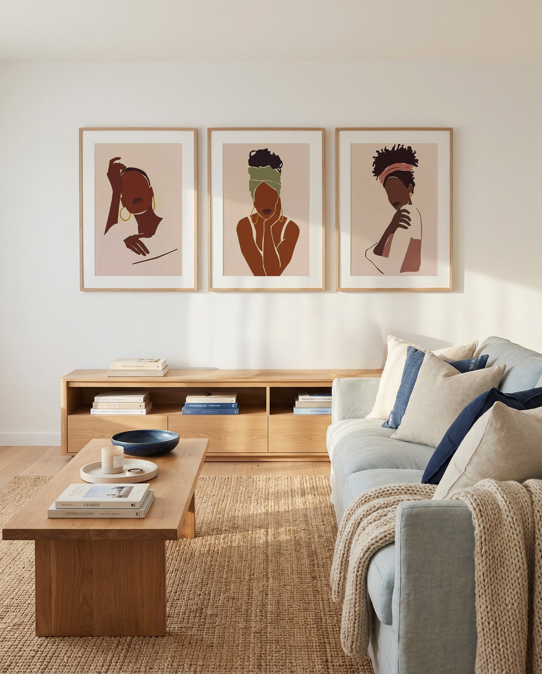 Belle Femme I, II & III | 3 Piece Wall Art Set in Beige and Brown art print oak frame with white border