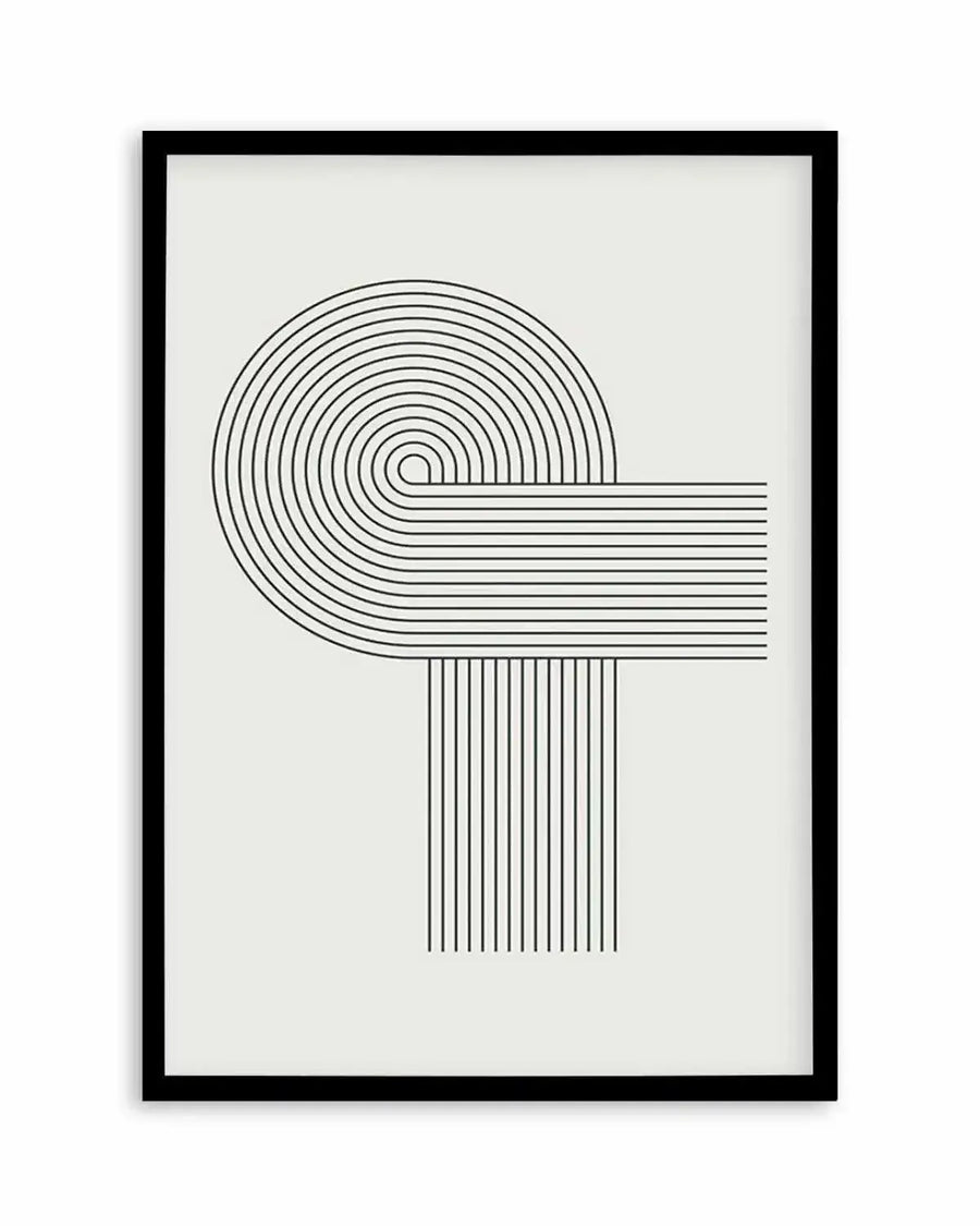 Abstract art print featuring a minimalist design of concentric curved lines forming a semi-circle on the left, connected to horizontal lines extending to the right, which then turn into vertical lines extending downwards. The lines are thin and black against a light grey background, printed on fine art paper and displayed in a black frame with a white border.