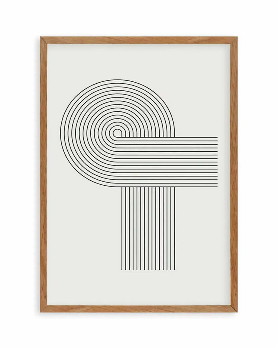 Abstract art print featuring a composition of concentric curved lines and parallel straight lines in black on a white background, printed on fine art paper and displayed in a natural oak frame with white border.