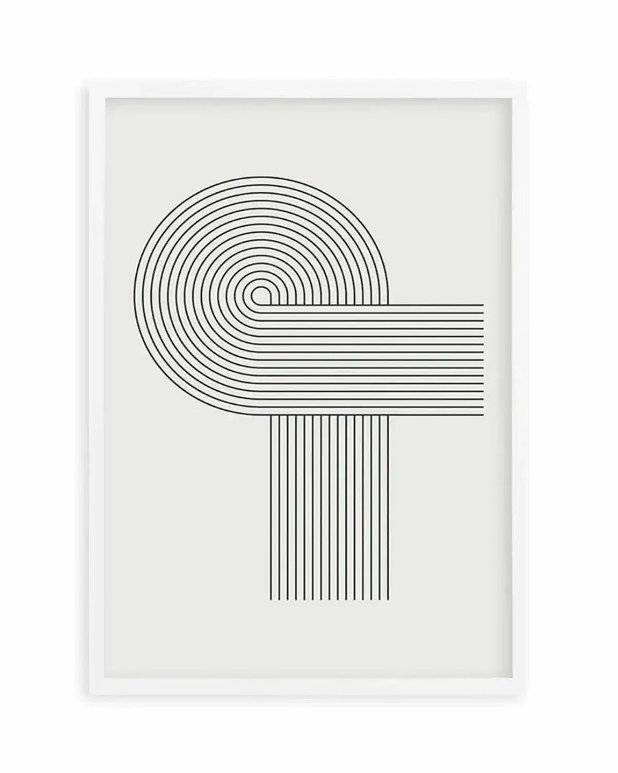 Abstract art print featuring a composition of concentric curved and straight black lines on a light cream background, creating a minimalist geometric design. The print is displayed in a white frame with a white border.
