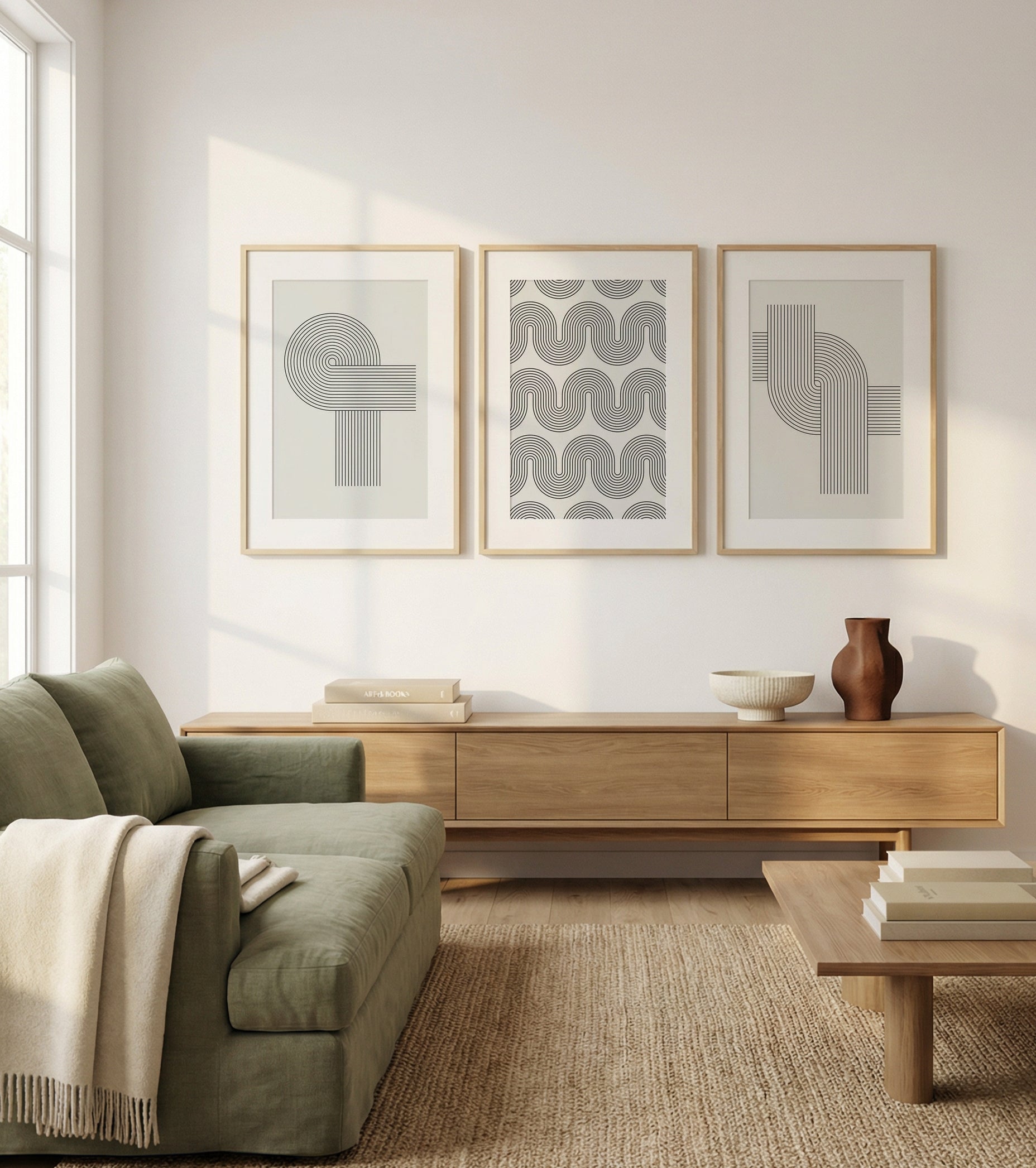 Bender I, II & III | 3 Piece Wall Art Set in Black and White abstract art print oak frame with white border