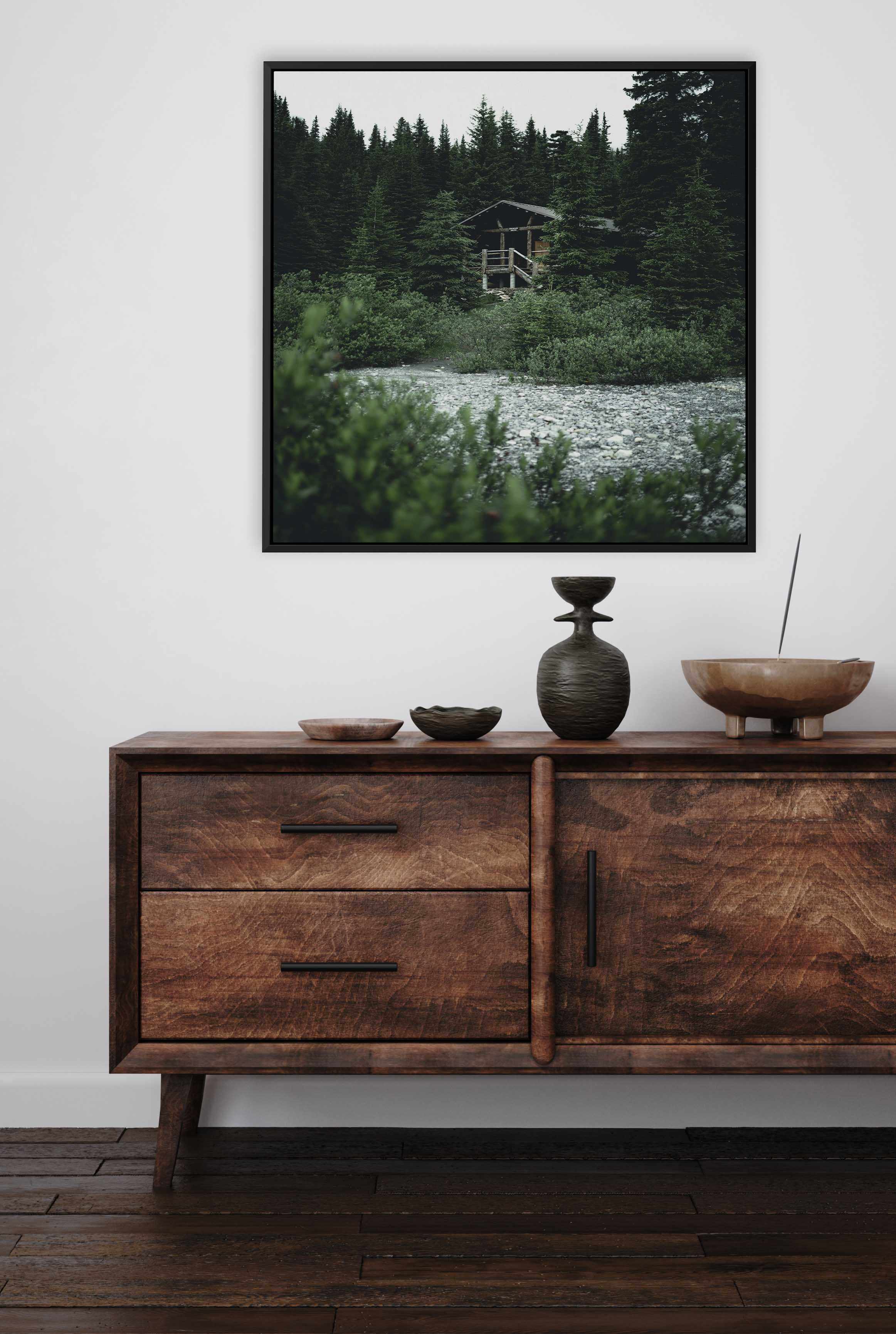 Berg Lake Cabin by Kalen X | Framed Canvas Art Print