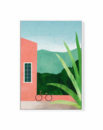 Bicycle & Pink House by Henry Rivers | Framed Canvas Art Print