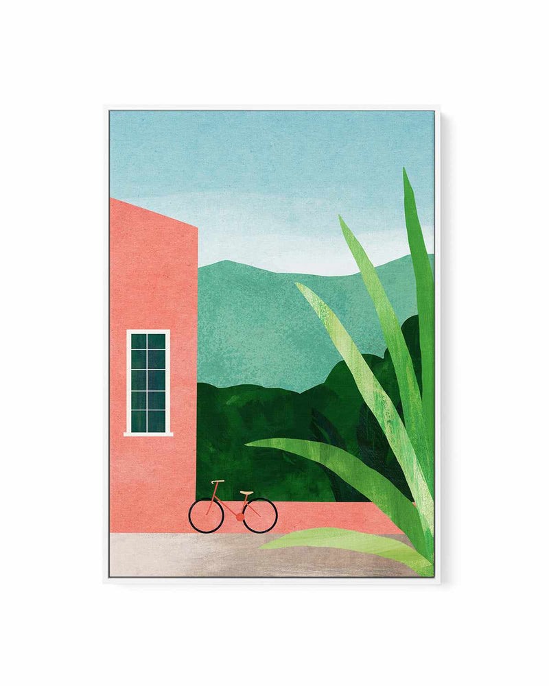 Bicycle & Pink House by Henry Rivers | Framed Canvas Art Print