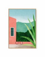 Bicycle & Pink House by Henry Rivers | Framed Canvas Art Print