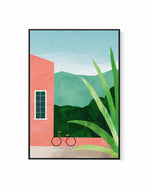 Bicycle & Pink House by Henry Rivers | Framed Canvas Art Print