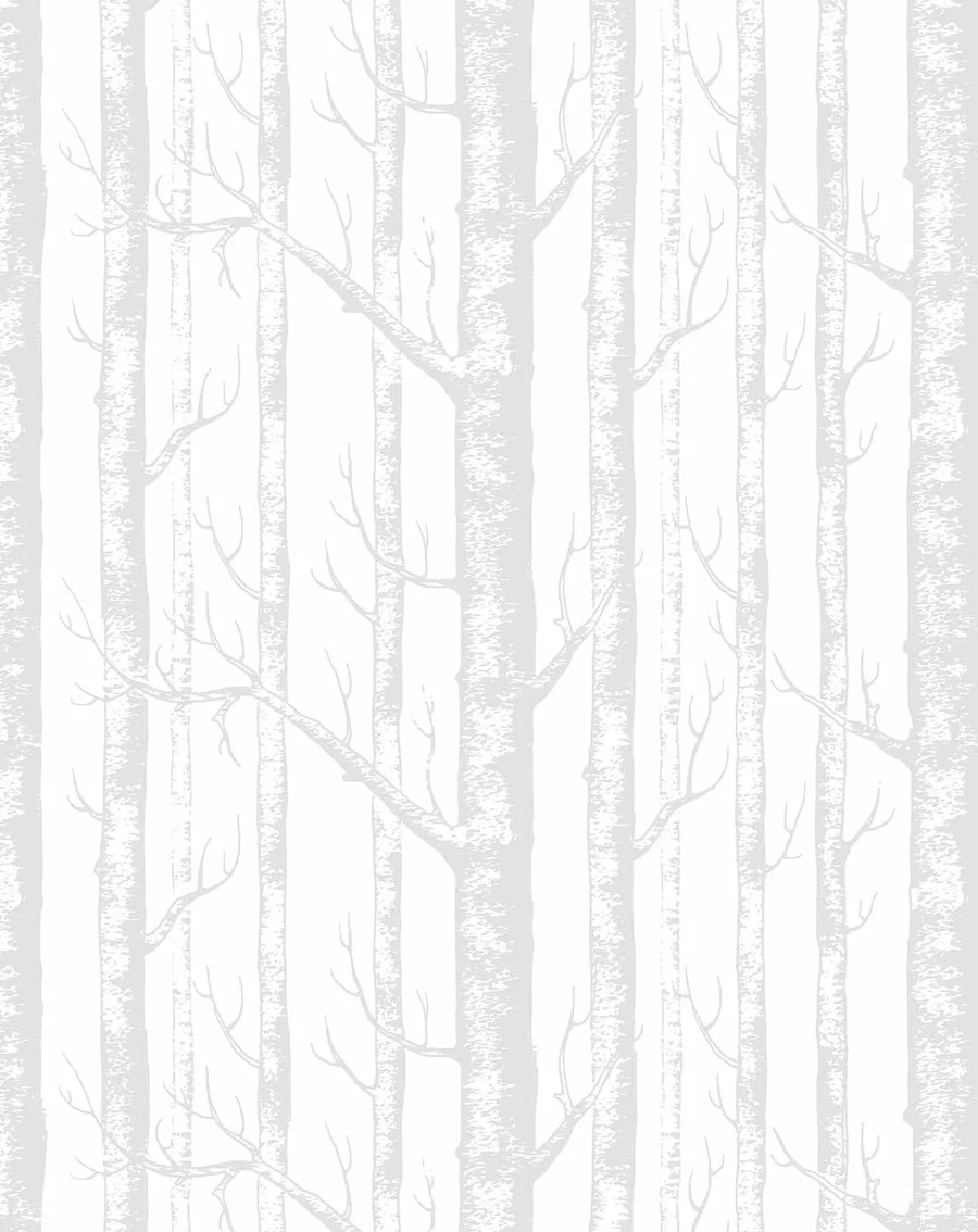 Peel and stick wallpaper featuring a repeating pattern of hand-drawn birch trees in a light grey on a white background. The design depicts tall, slender tree trunks with visible bark texture and delicate, bare branches extending outwards.