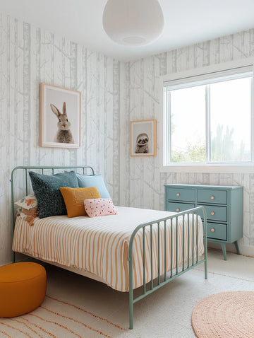 Lifestyle shot of a child's bedroom featuring a repeating pattern of birch trees in light grey on a white background. The wallpaper covers all visible walls, creating a serene, woodland-inspired atmosphere. A mint green metal bed with a striped orange and white duvet and colorful pillows is in the foreground, and a light teal dresser with copper knobs is to the right, beneath a large window.