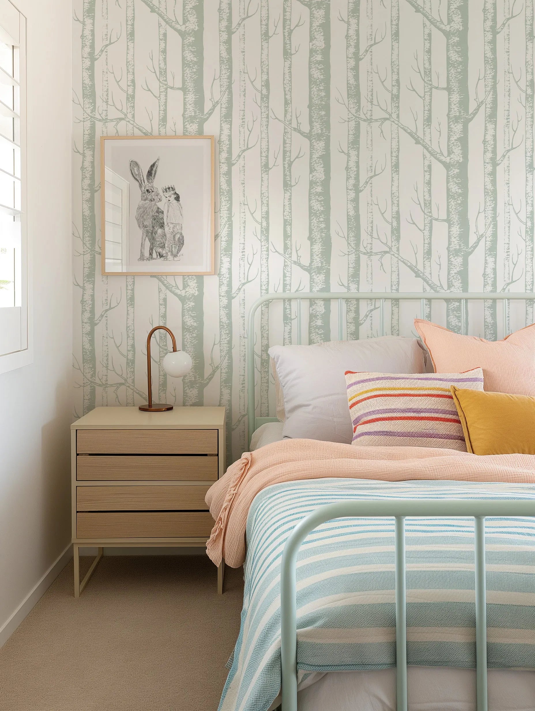 Birch Trees in Sage Wallpaper from Olive et Oriel where you can shop wallpaper and artworks online