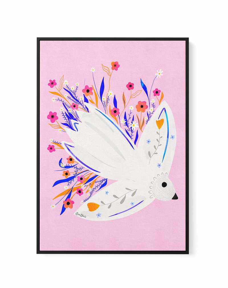 Bird in Flowers Pink illustration by Baroo Bloom | Framed Canvas Art Print