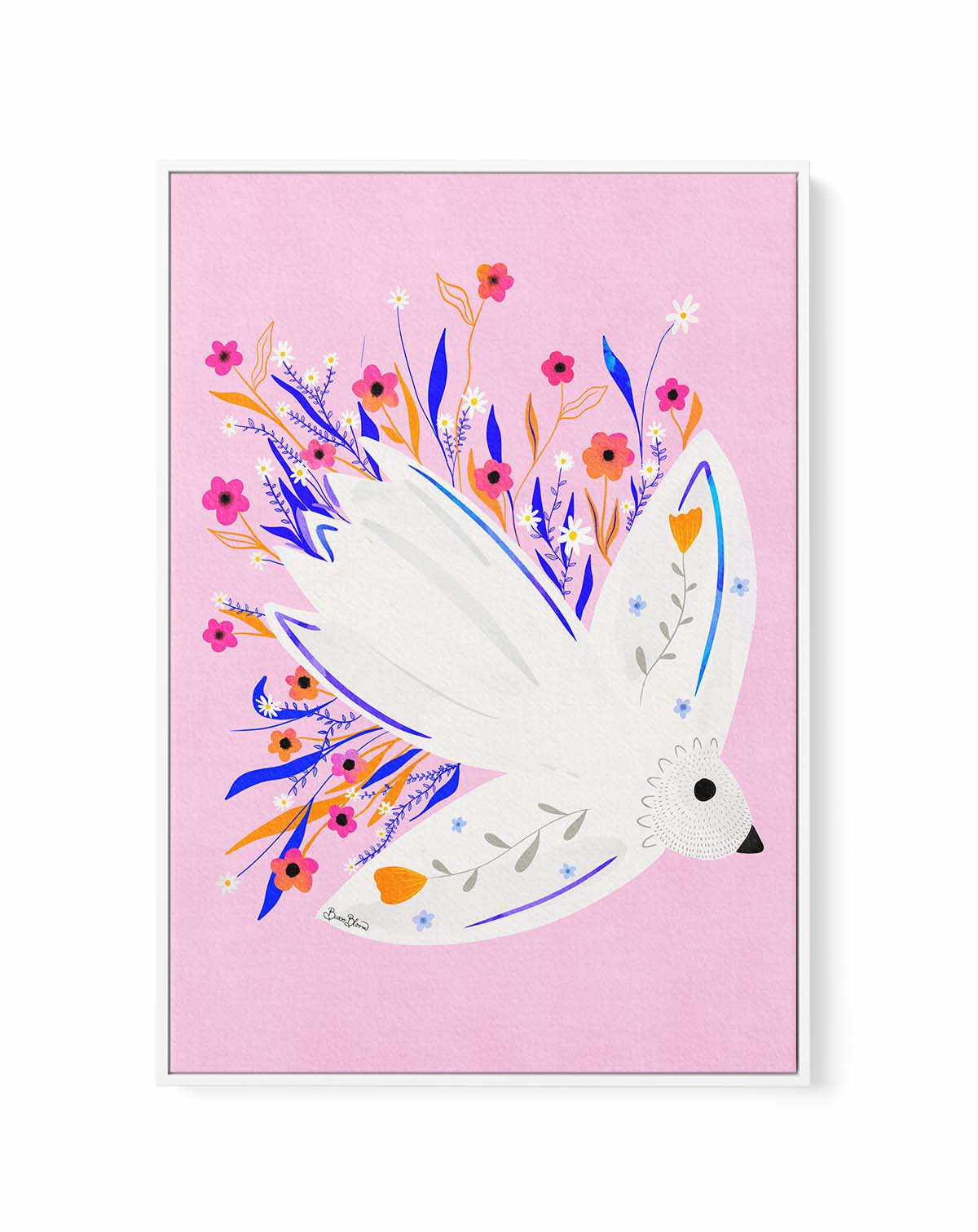 Bird in Flowers Pink illustration by Baroo Bloom | Framed Canvas Art Print